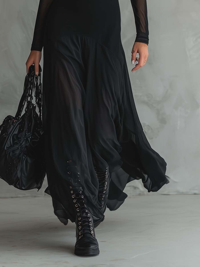 Neroa • Black Tulle Maxi Dress with Loose Fit