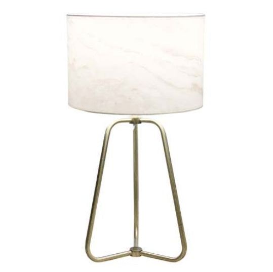 Small modern stylish desk lamp with marble-patterned shade and bronze metal base on table
