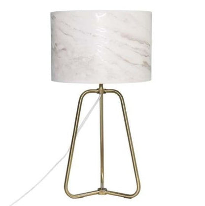 Small modern stylish desk lamp with marble-patterned shade and bronze base on table