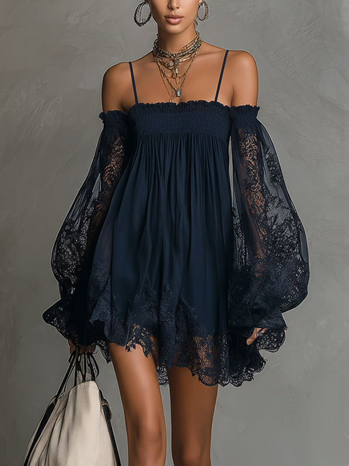Noemi • Navy blue chiffon mini dress with off-the-shoulder neckline, lace trim, and sheer sleeves