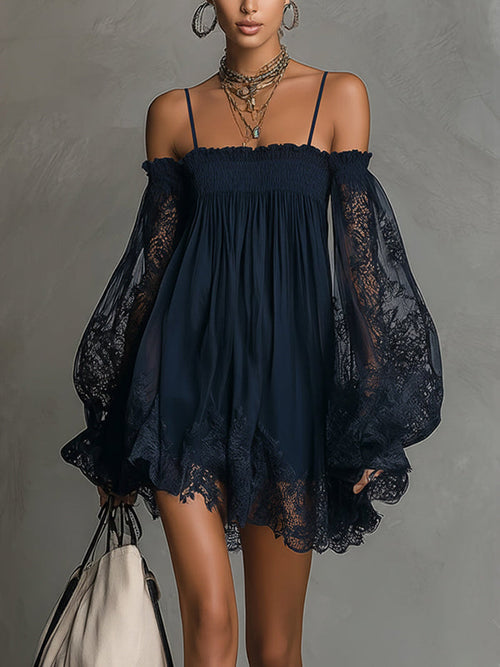 Noemi • Navy blue chiffon mini dress with off-the-shoulder neckline, lace trim, and sheer sleeves