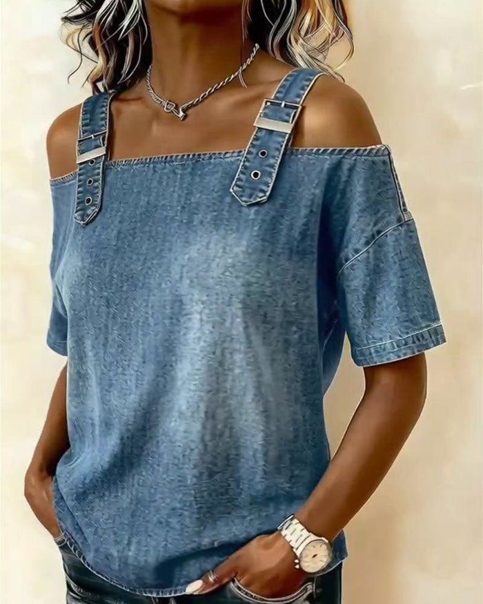 Off-Shoulder Denim Shirt