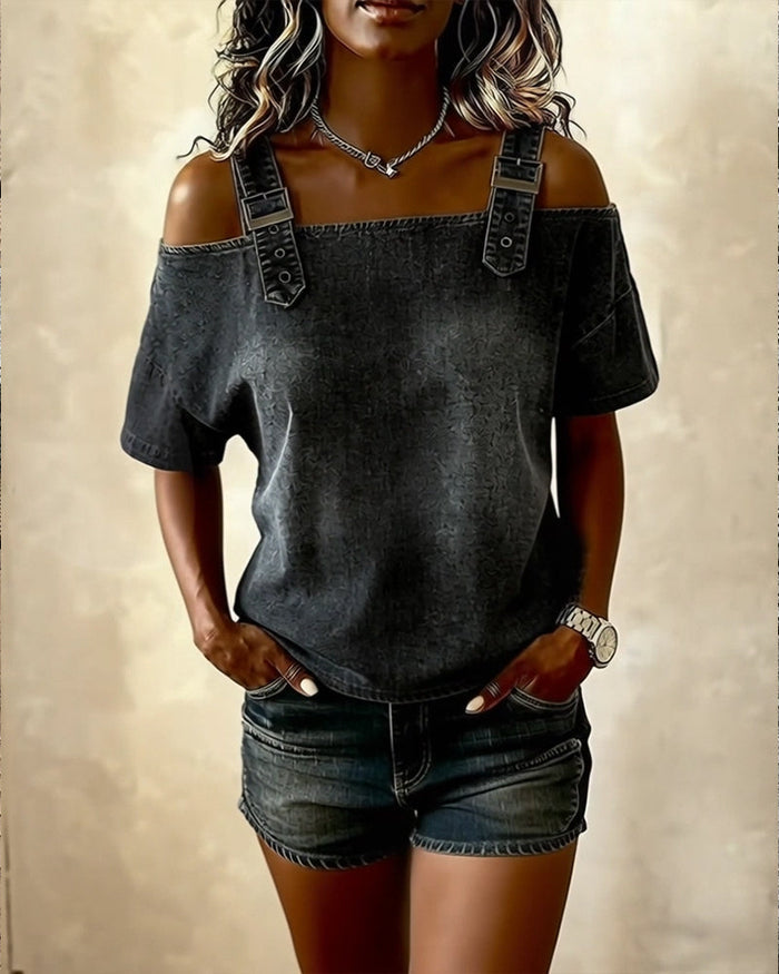 Off-Shoulder Denim Shirt