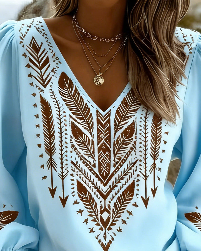 Puffed Sleeve Blouse with Wide V-Neck