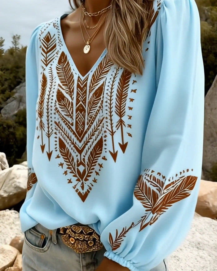 Puffed Sleeve Blouse with Wide V-Neck