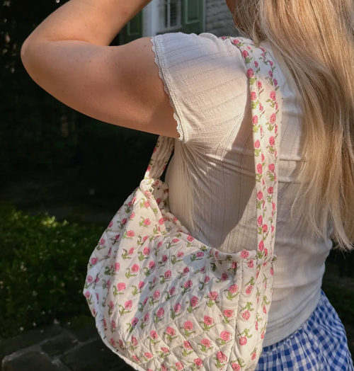 Bloom & Go Quilted Shoulder Bag in pink and green floral block print, small cotton purse with zipper closure for everyday essentials