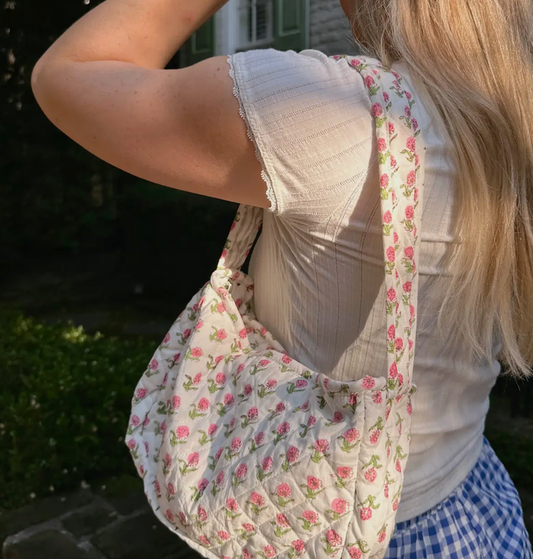 Bloom & Go Quilted Shoulder Bag in pink and green floral block print, small cotton purse with zipper closure for everyday essentials