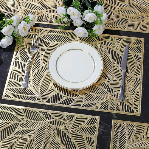 golden rectangle table mat with hollow leaf design made of PVC vinyl