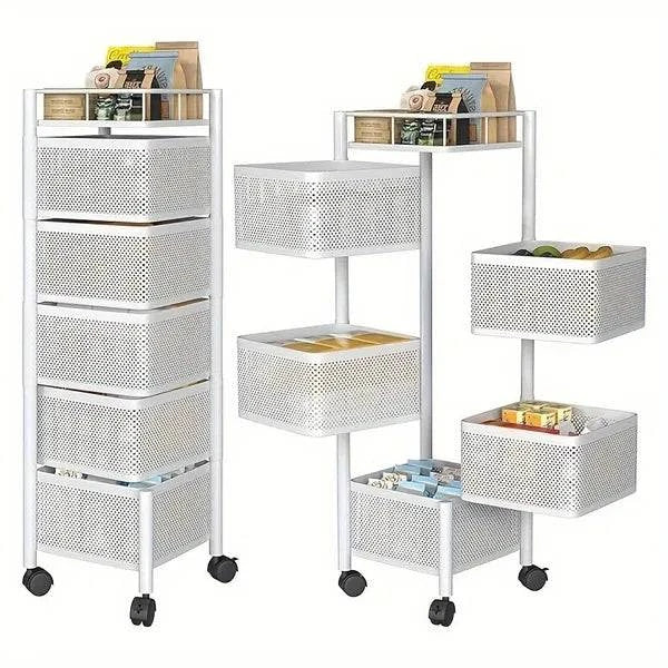 Rotating Kitchen Storage Shelf 5 Tier metal rack with fruits and vegetables for kitchen organization
