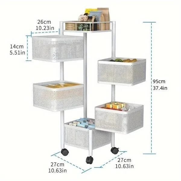 5-tier rotating kitchen storage shelf with metal wire baskets for fruit and vegetable organization