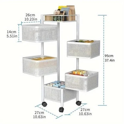 5-tier rotating kitchen storage shelf with metal wire baskets for fruit and vegetable organization