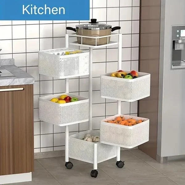 5-tier rotating kitchen storage shelf with metal wire baskets holding fruits and vegetables