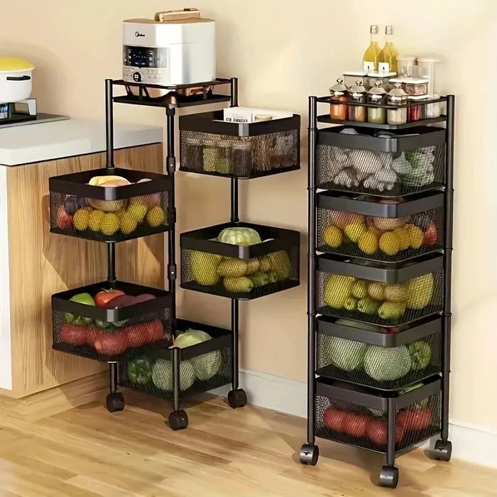 Rotating kitchen storage shelf with five circular metal wire tiers holding fruits and vegetables