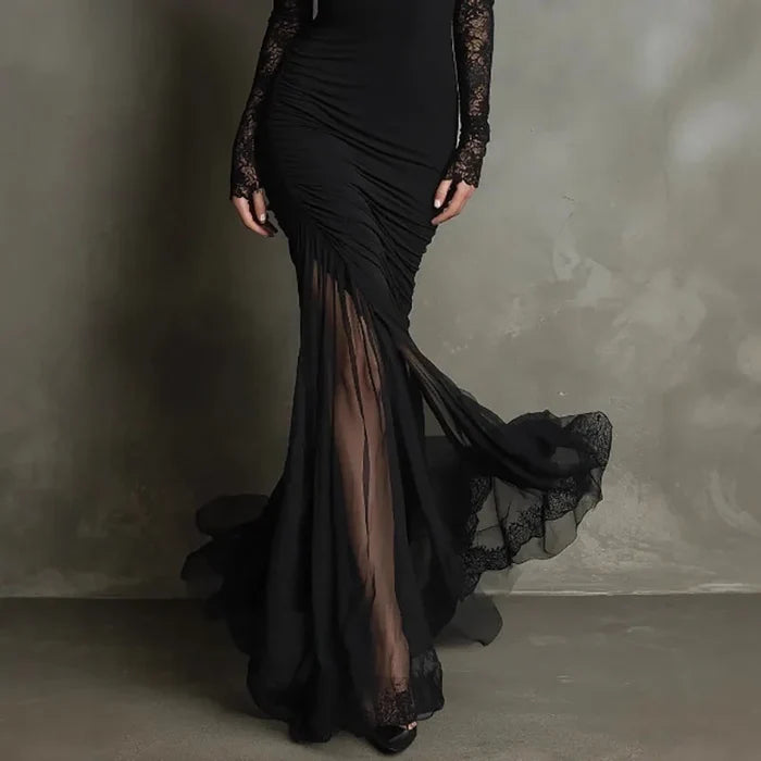 Selena · Long dress with deep V-neck and lace details