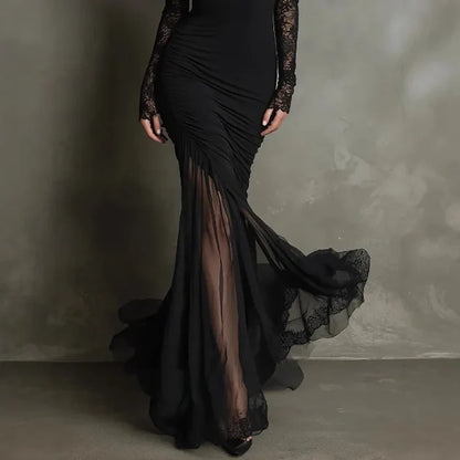 Selena · Long dress with deep V-neck and lace details