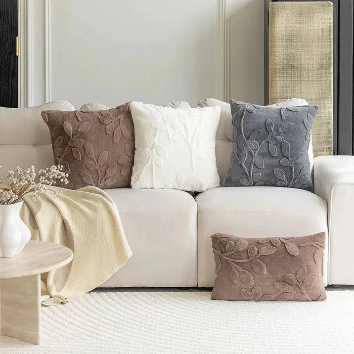Spring leaves 3D jacquard soft velvet throw pillow on sofa