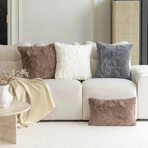 Spring leaves 3D jacquard soft velvet throw pillow on sofa