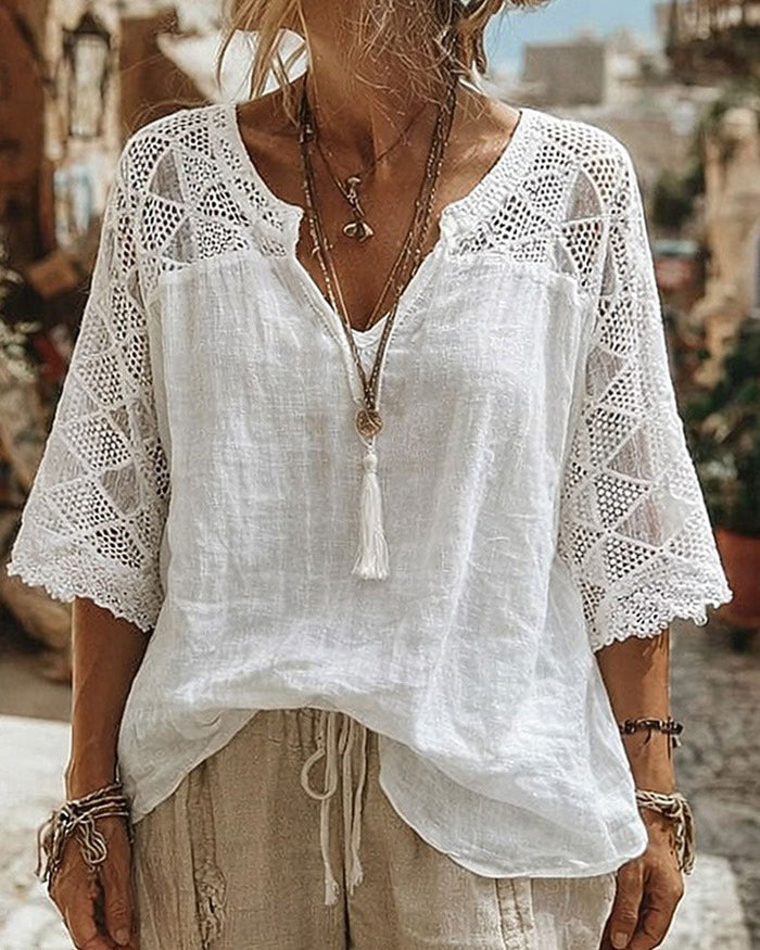 V-Neck Blouse with Lace Detail