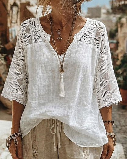 V-Neck Blouse with Lace Detail