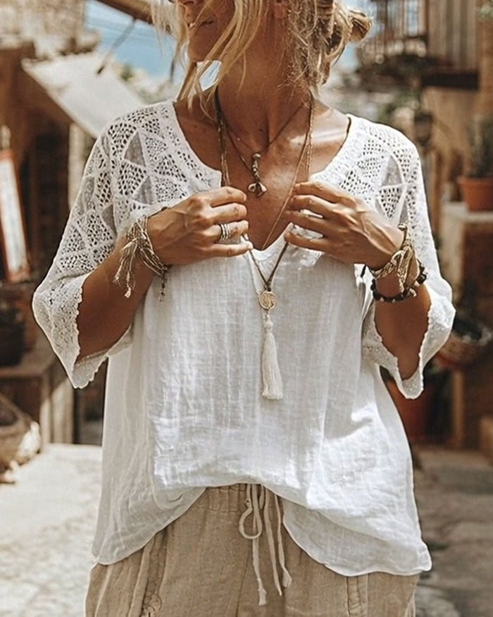 V-Neck Blouse with Lace Detail