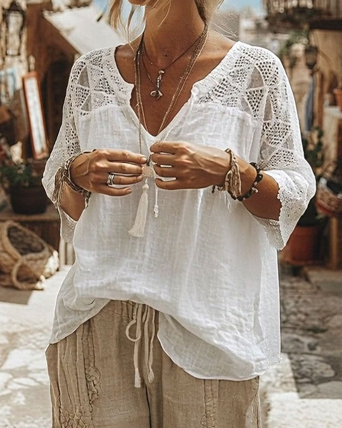 V-Neck Blouse with Lace Detail