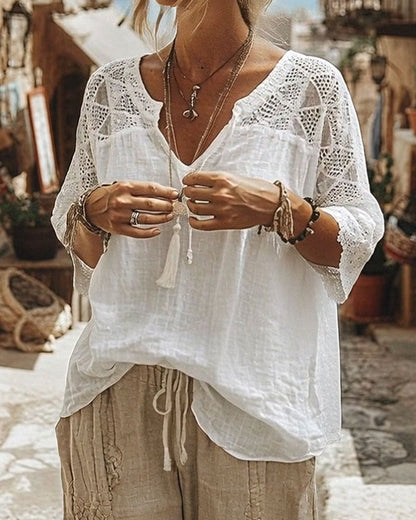 V-Neck Blouse with Lace Detail