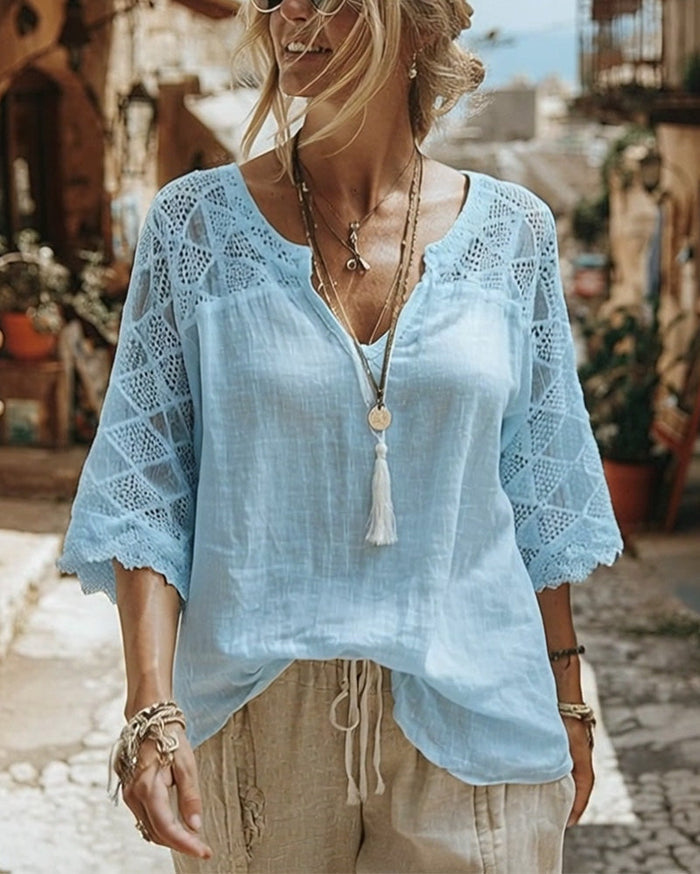 V-Neck Blouse with Lace Detail