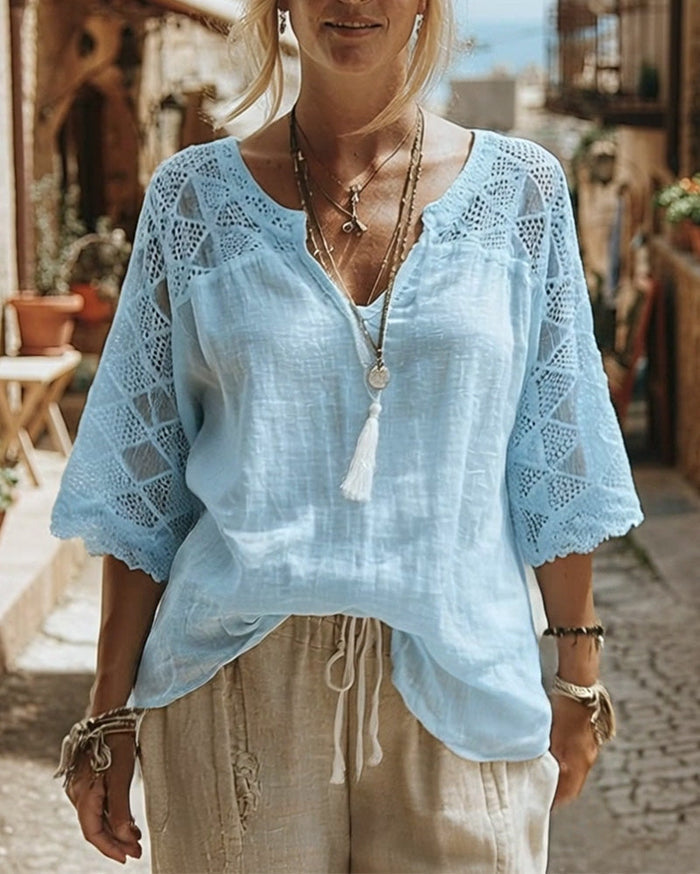 V-Neck Blouse with Lace Detail