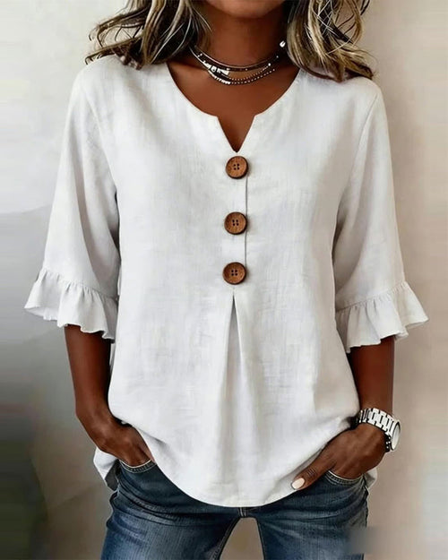 V-Neck Blouse with Wooden Buttons and Ruffled Sleeves