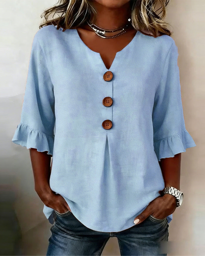 V-Neck Blouse with Wooden Buttons and Ruffled Sleeves