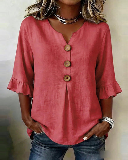 V-Neck Blouse with Wooden Buttons and Ruffled Sleeves