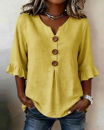 V-Neck Blouse with Wooden Buttons and Ruffled Sleeves