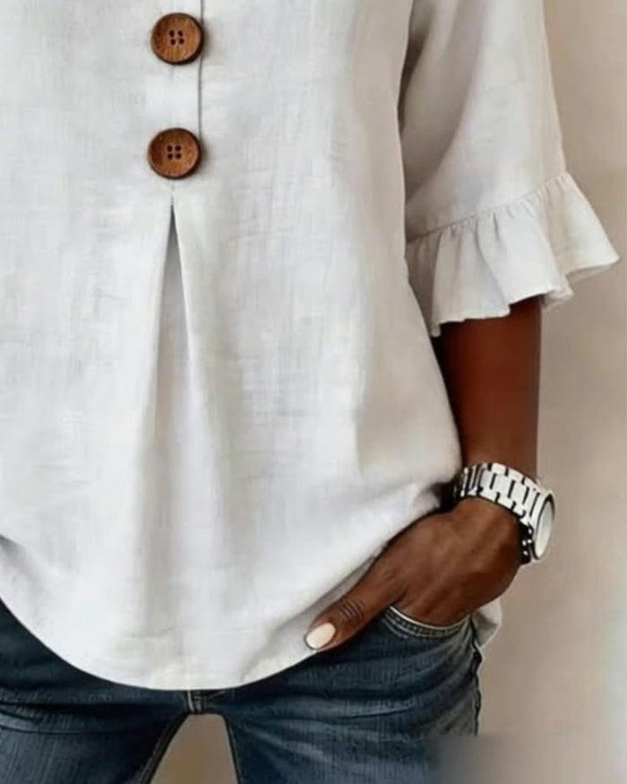 V-Neck Blouse with Wooden Buttons and Ruffled Sleeves