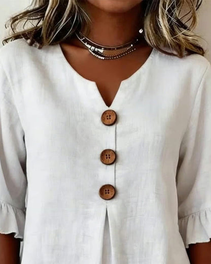 V-Neck Blouse with Wooden Buttons and Ruffled Sleeves