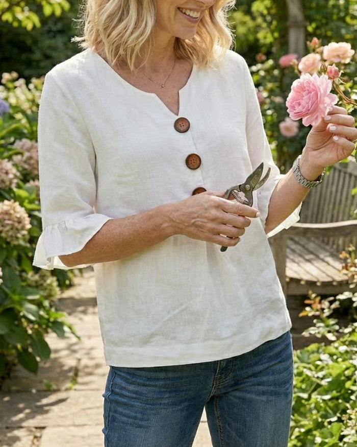 V-Neck Blouse with Wooden Buttons and Ruffled Sleeves