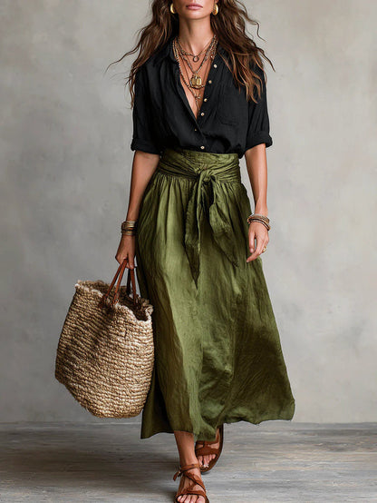 Vera - Two-Piece Set: Black Shirt and Olive Green Midi Skirt