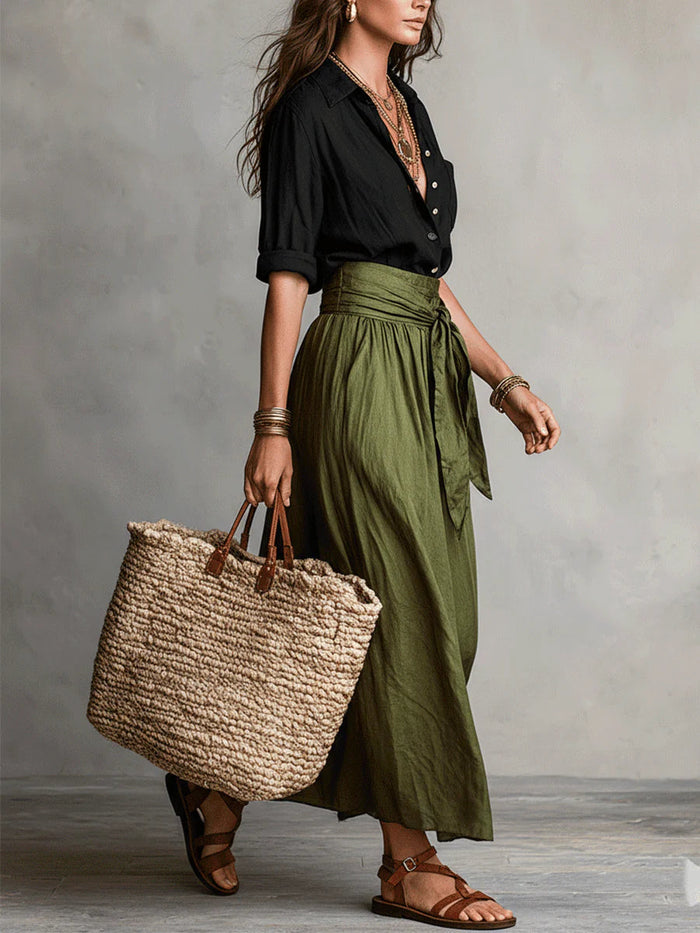 Vera - Two-Piece Set: Black Shirt and Olive Green Midi Skirt