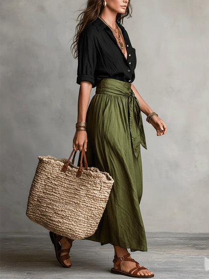 Vera - Two-Piece Set: Black Shirt and Olive Green Midi Skirt
