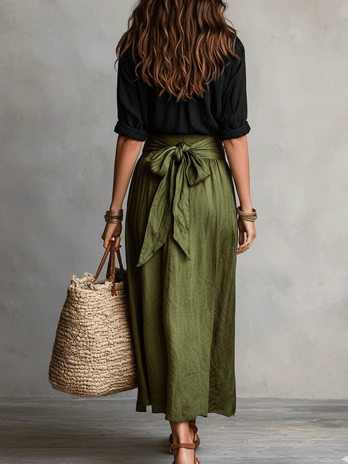 Vera - Two-Piece Set: Black Shirt and Olive Green Midi Skirt
