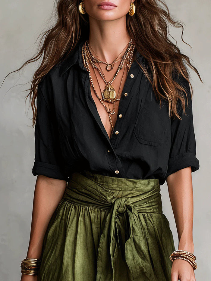 Vera - Two-Piece Set: Black Shirt and Olive Green Midi Skirt