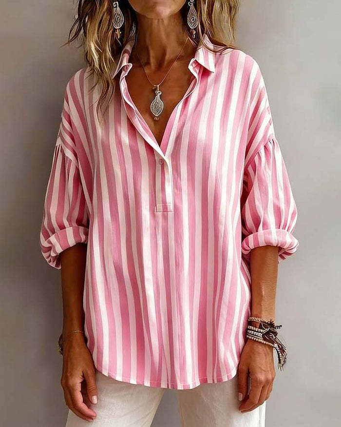 Wide Striped Blouse with Collar