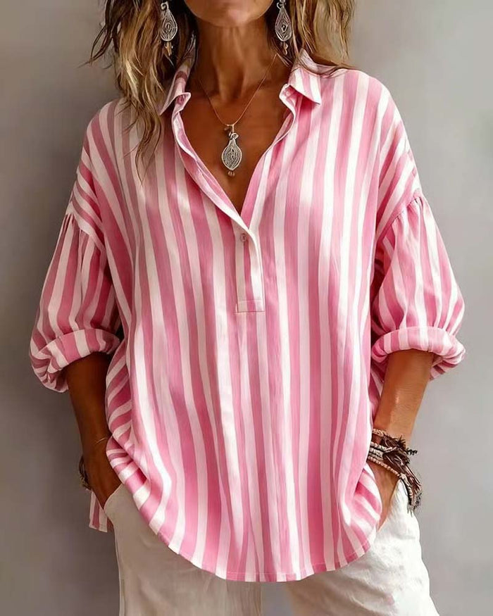 Wide Striped Blouse with Collar