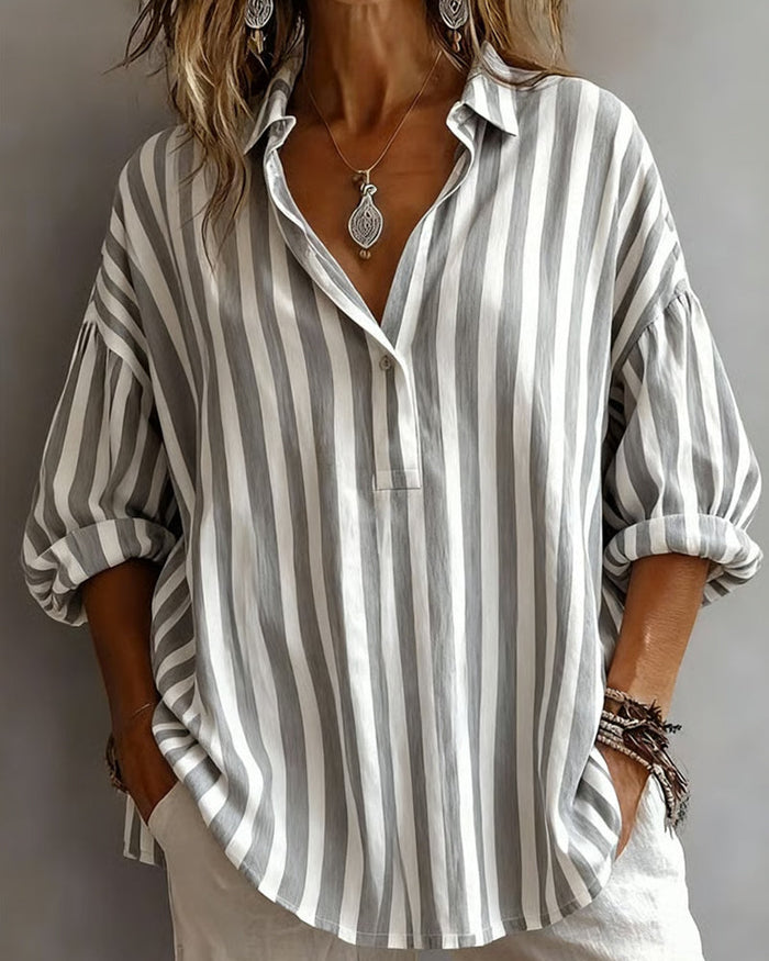 Wide Striped Blouse with Collar